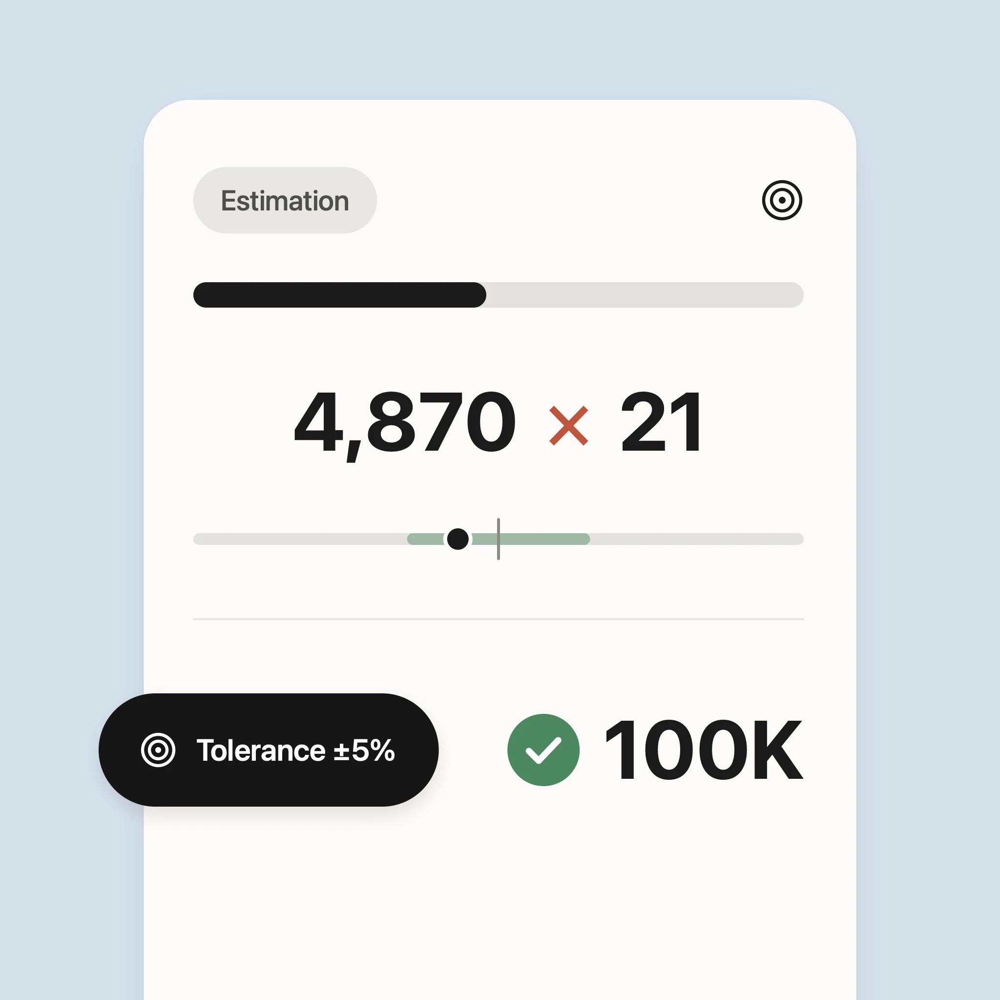 Numbio estimation card for 4,870 × 21 where the answer 100K is accepted because it falls within a ±5% tolerance band.
