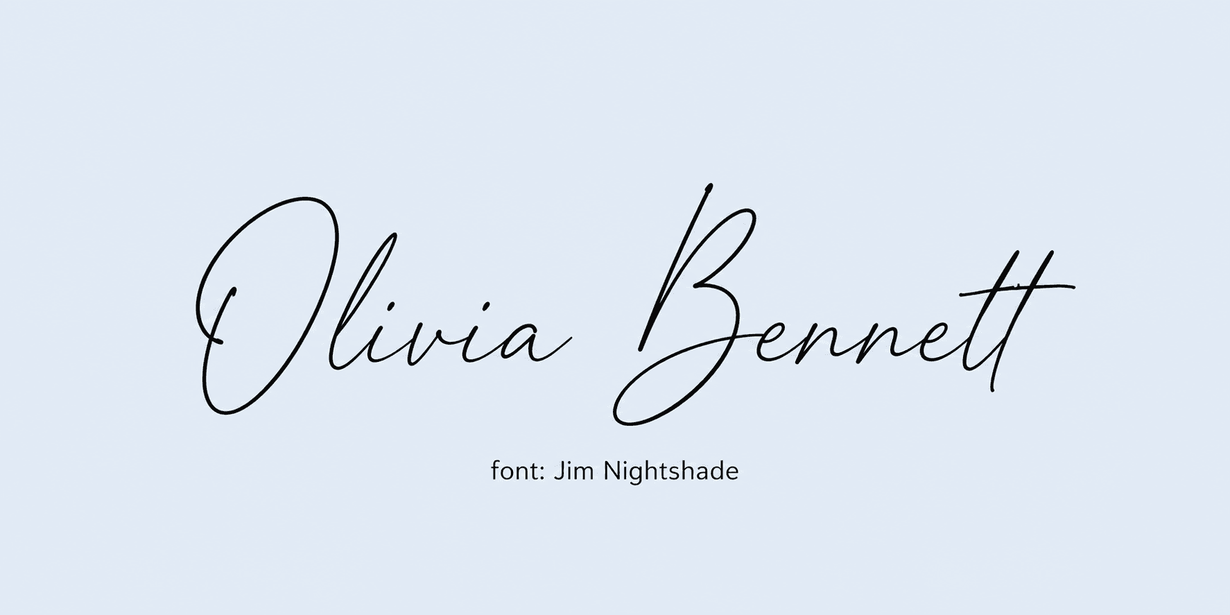 Sample name signed in a cursive signature font on a light background, with the font name labeled below.