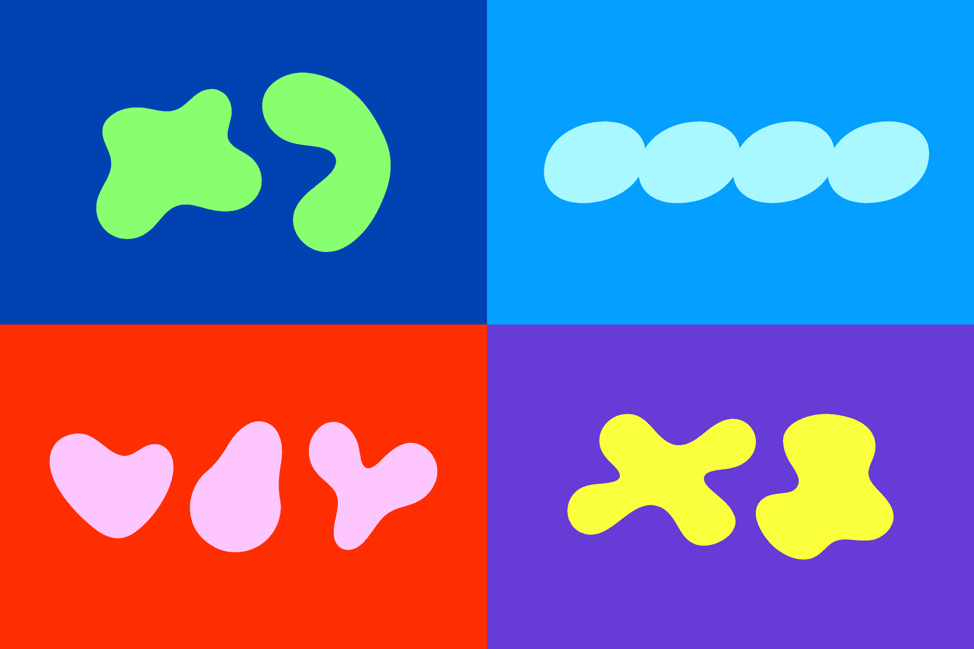 VLOO visual language of organic shapes in bright colours on contrasting backgrounds.