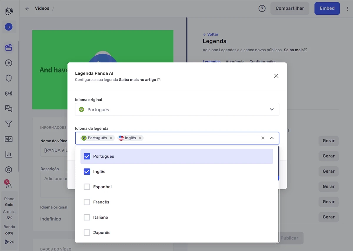 Processo de criação de legenda com inteligência artificial na Panda Video