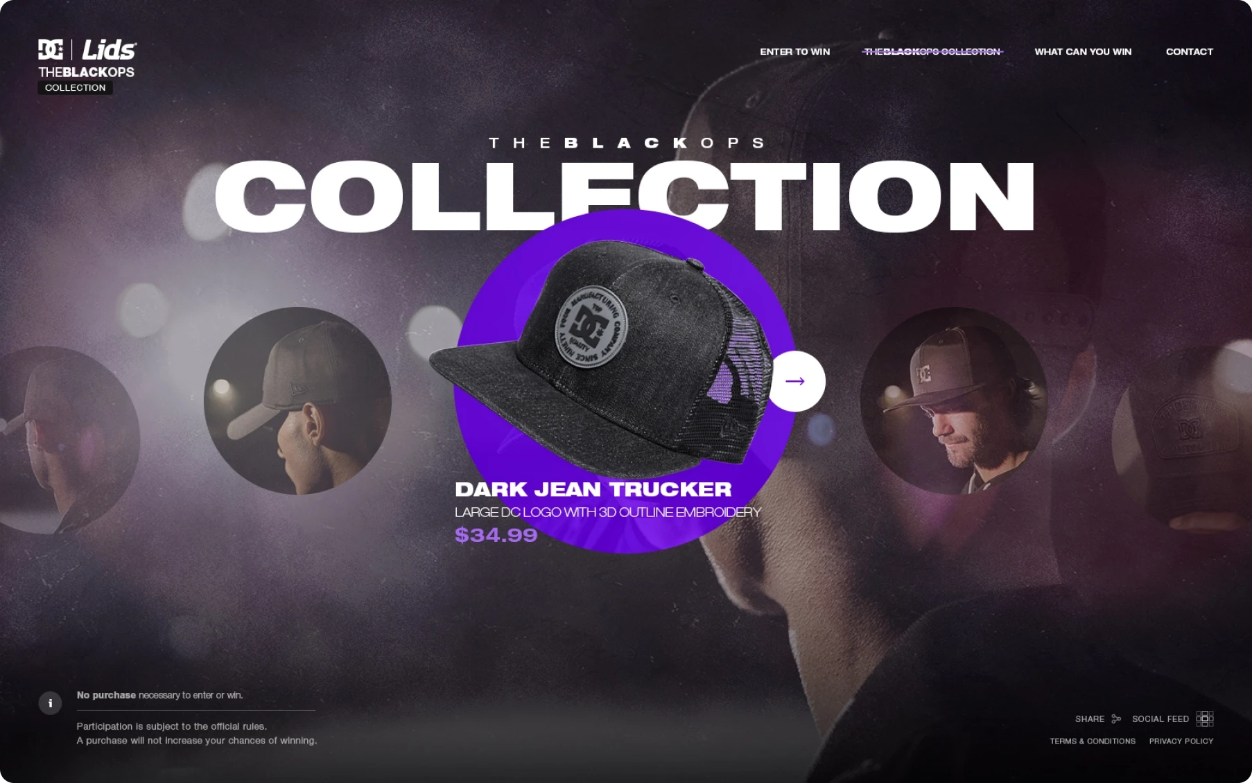 Lids BlackOps Collection webpage featuring a black Dark Jean Trucker cap over a purple circle, with moody portraits and navigation text.