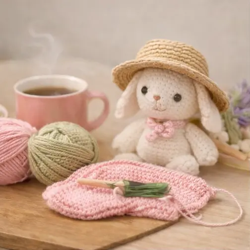 handmade crochet items in soft pastel tones arranged in a cloud shape