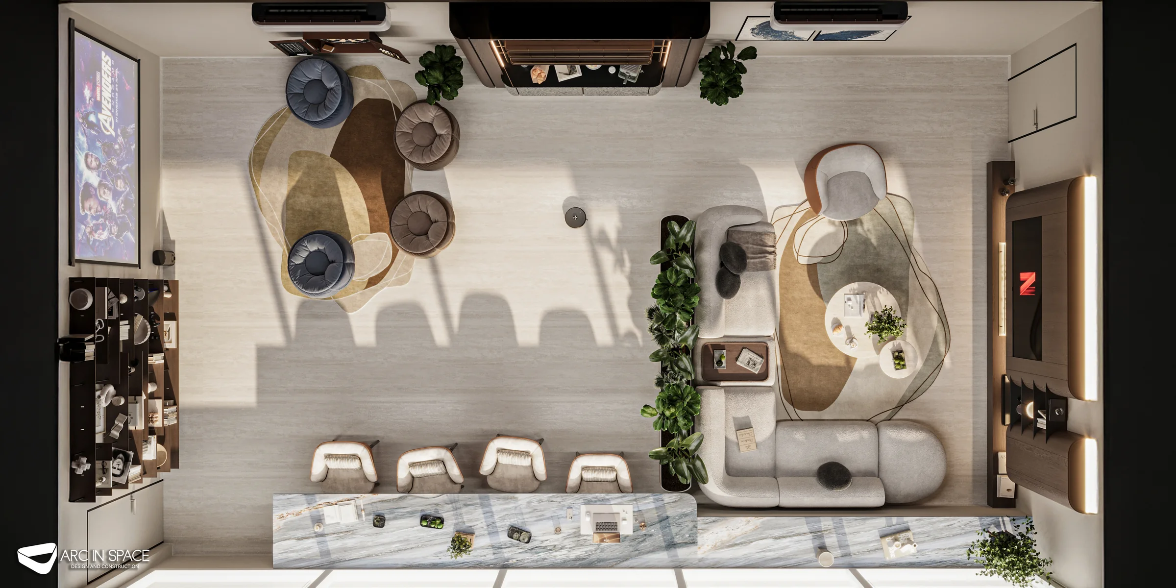 Top view of the Abu Dhabi rooftop family lounge layout showing integrated seating, circulation and activity zones.