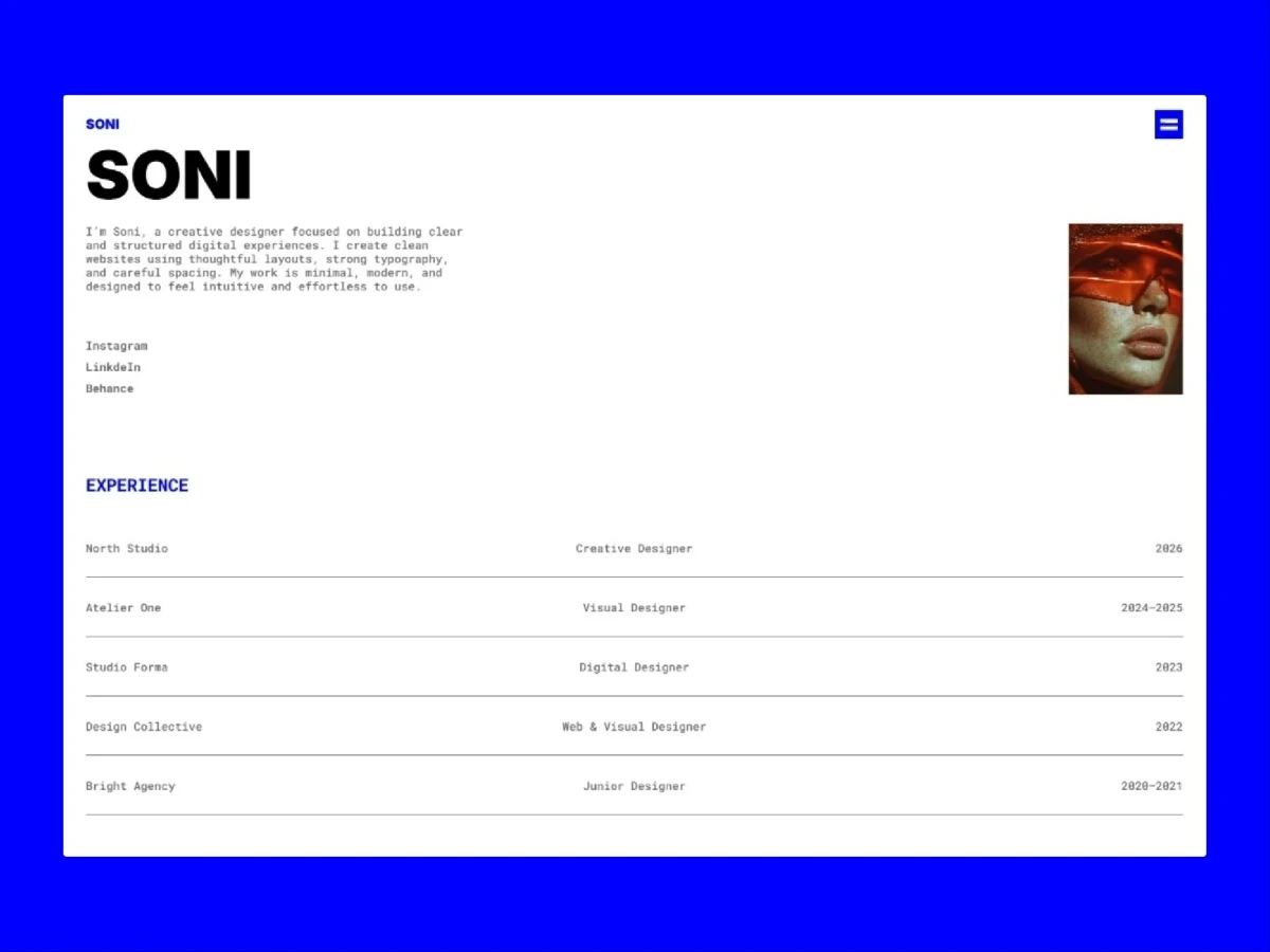 About profile layout and professional timeline section within the Soni Framer template.
