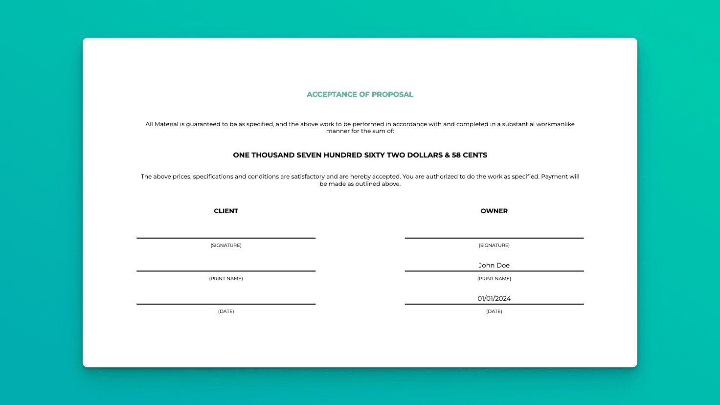 Term Sheet spreadsheet template outlining project acceptance, client and owner signatures, and payment agreement.