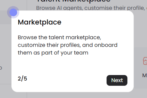 Product tour tooltip on the Marketplace: 'Browse the talent marketplace, customise their profiles, and onboard them as part of your team', step 2 of 5, Next