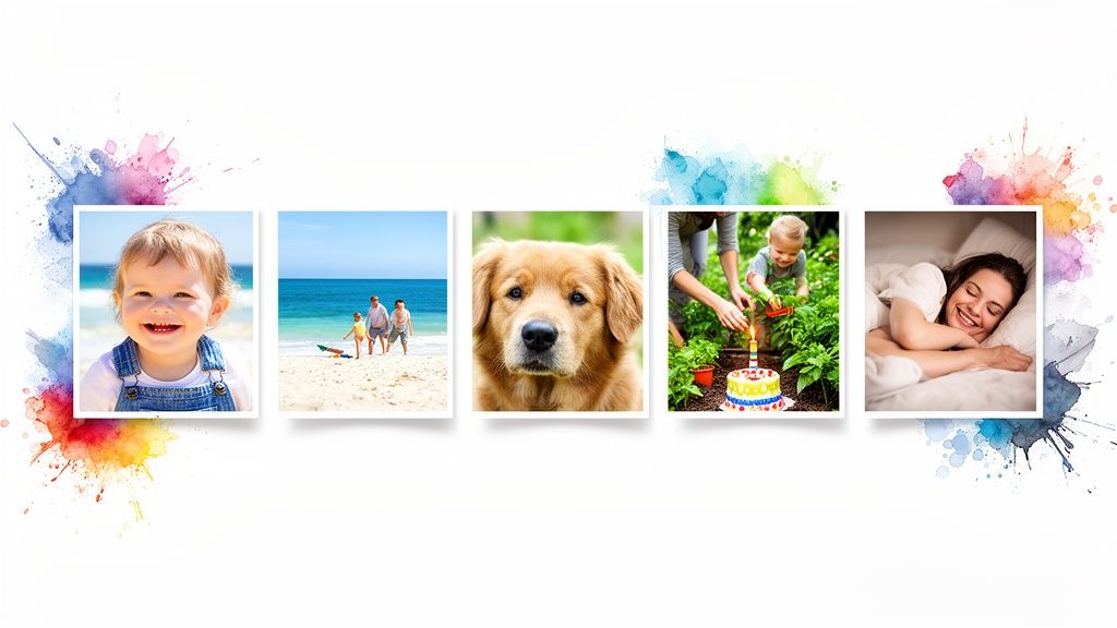 A collage of five diverse photos including a baby, family, dog, birthday, and sleeping woman.