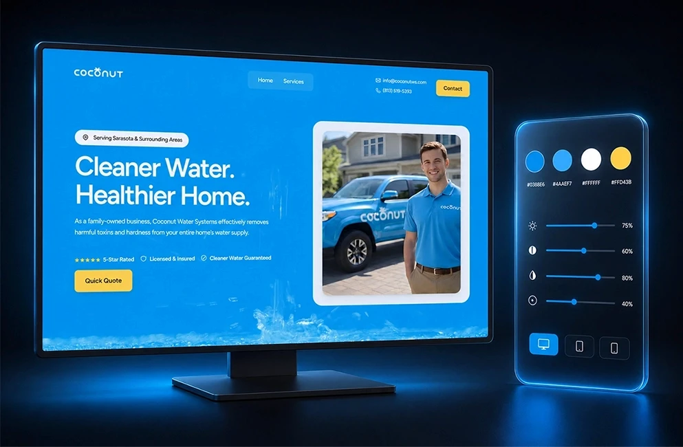 Water treatment home service website design with bold blue and yellow branding