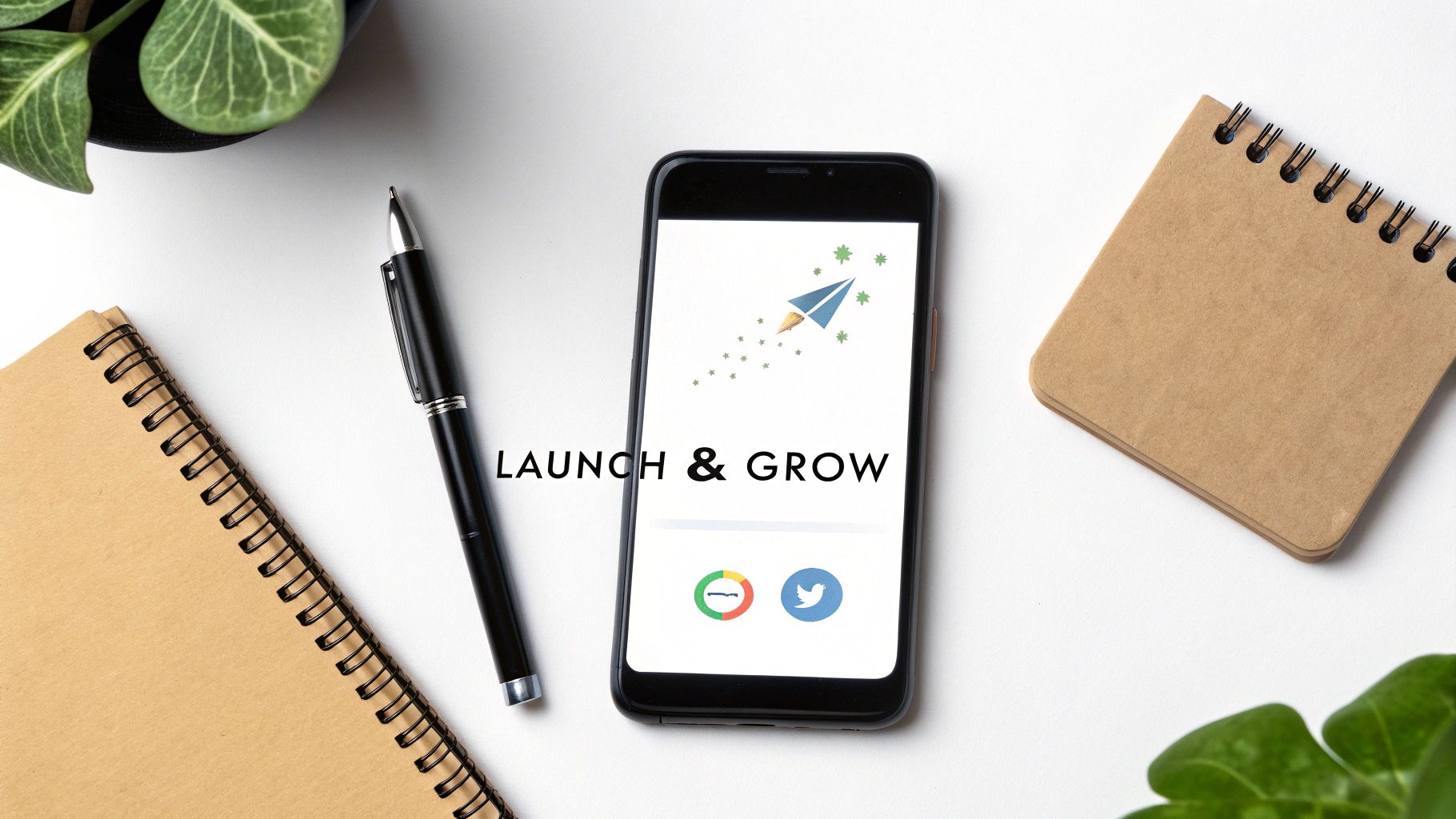 Smartphone displaying Launch and Grow app interface with paper airplane icon on minimalist desk workspace