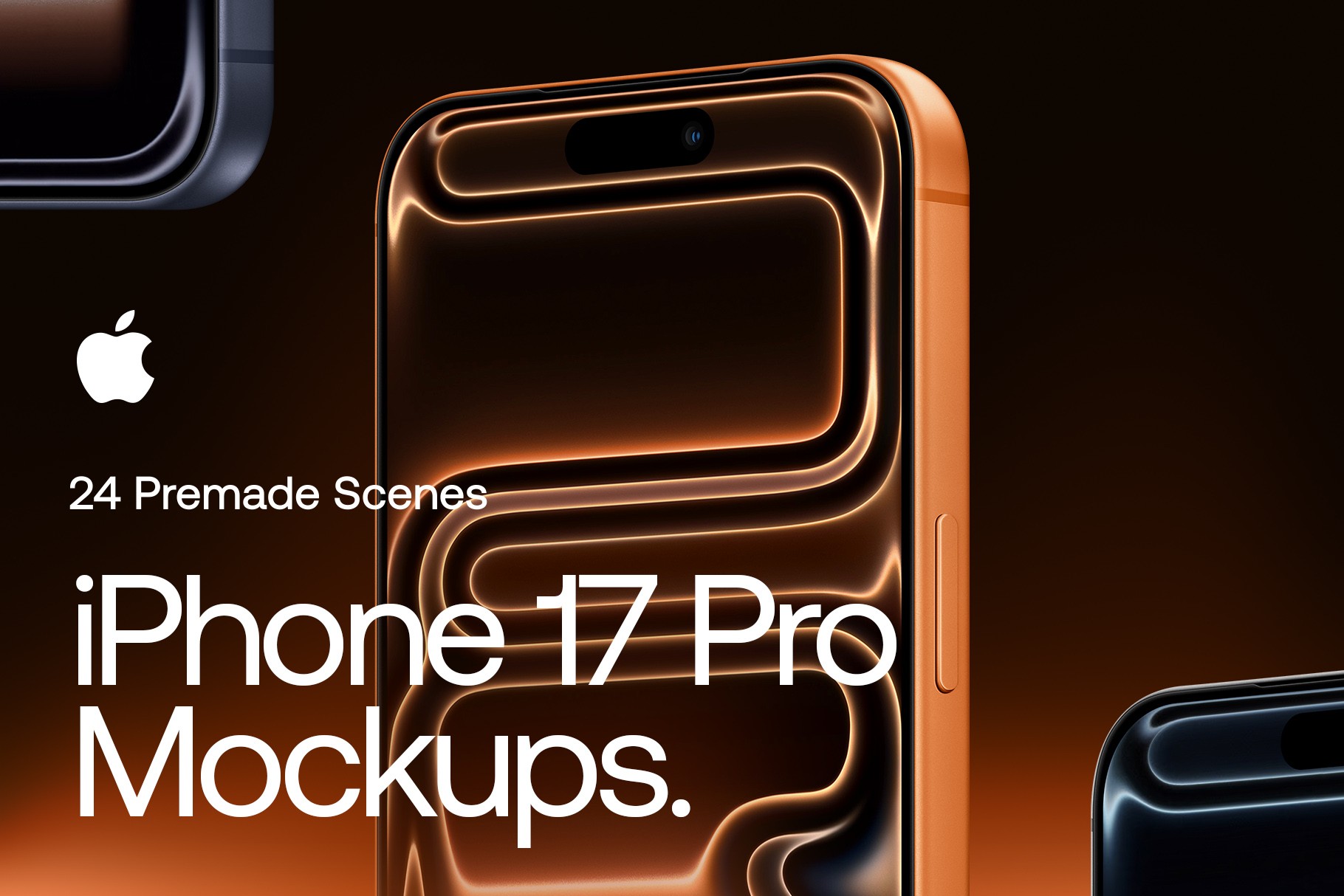 Dark hero iPhone 17 Pro mockup in cosmic orange with glowing abstract wallpaper.