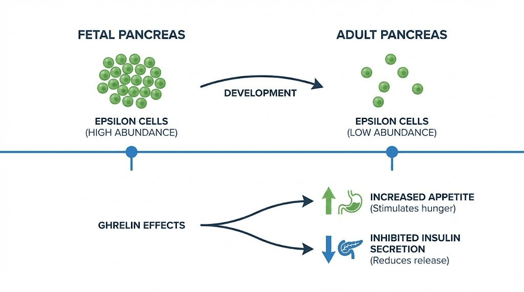 Ghrelin epsilon cell development and metabolic effects infographic
