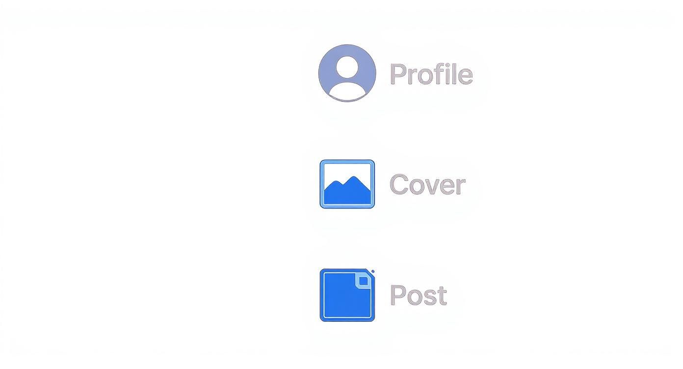 Social media profile, cover photo, and post icons displaying image placeholders for LinkedIn content