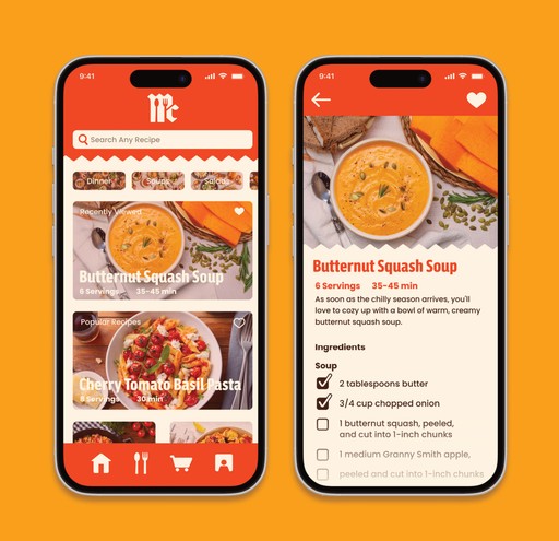 McCormick mobile phone recipe app screens.