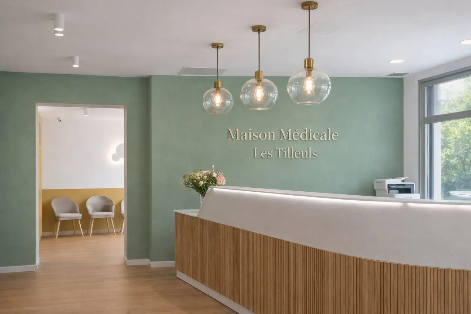 Accueil de la Maison Médicale Les Tilleuls en Gironde – mur vert sauge, comptoir bois cannelé, luminaires laiton, aménagement ERP par Eva Hostein architecte d'intérieur