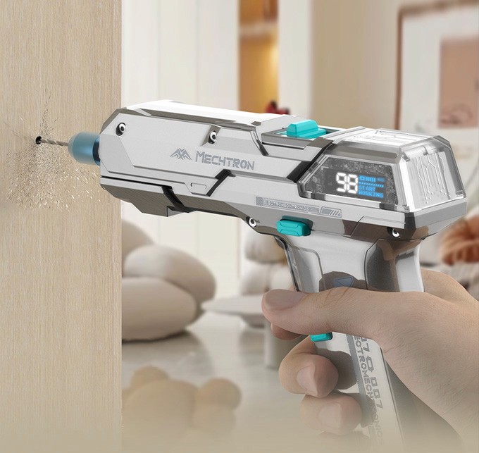 A futuristic, silver and blue drill being used on a wooden surface. The drill features digital displays and a sleek, sci-fi design. Other furniture is blurred in the background, highlighting the drilling motion and scattered wood particles.