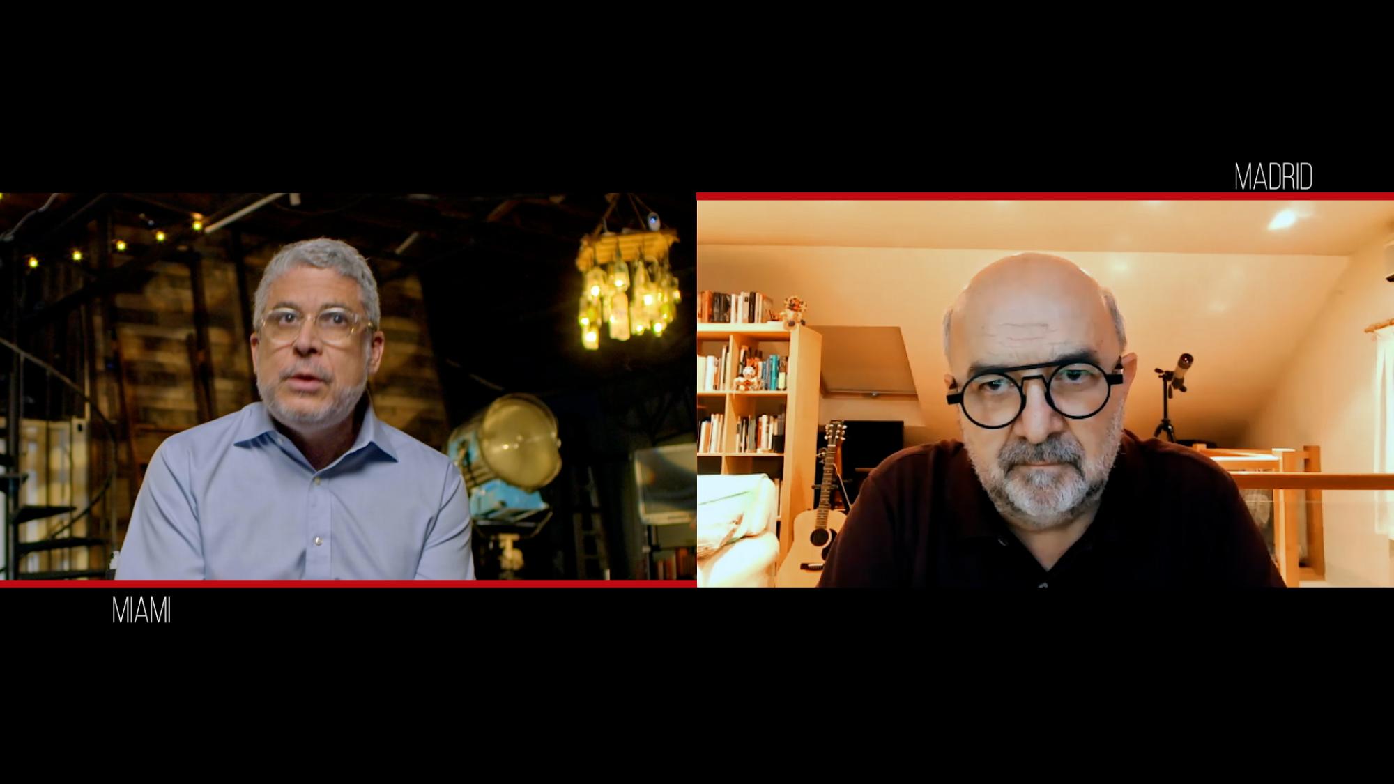 Split-screen remote interview between speakers in Miami and Madrid for a branded video session.
