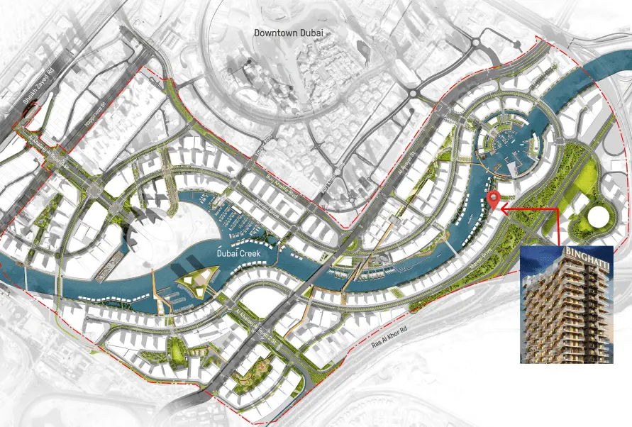 binghatti canal location map business bay