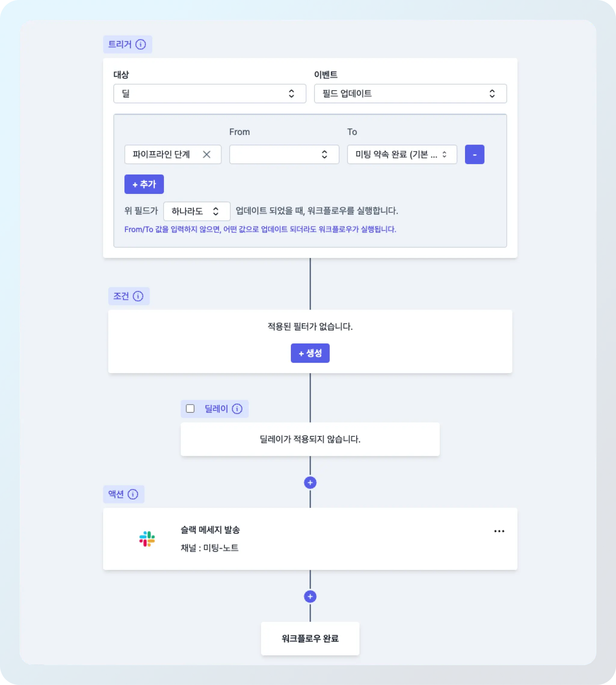 딜 스테이지 진척시에 축하 메세지 보내기, CRM 자동화