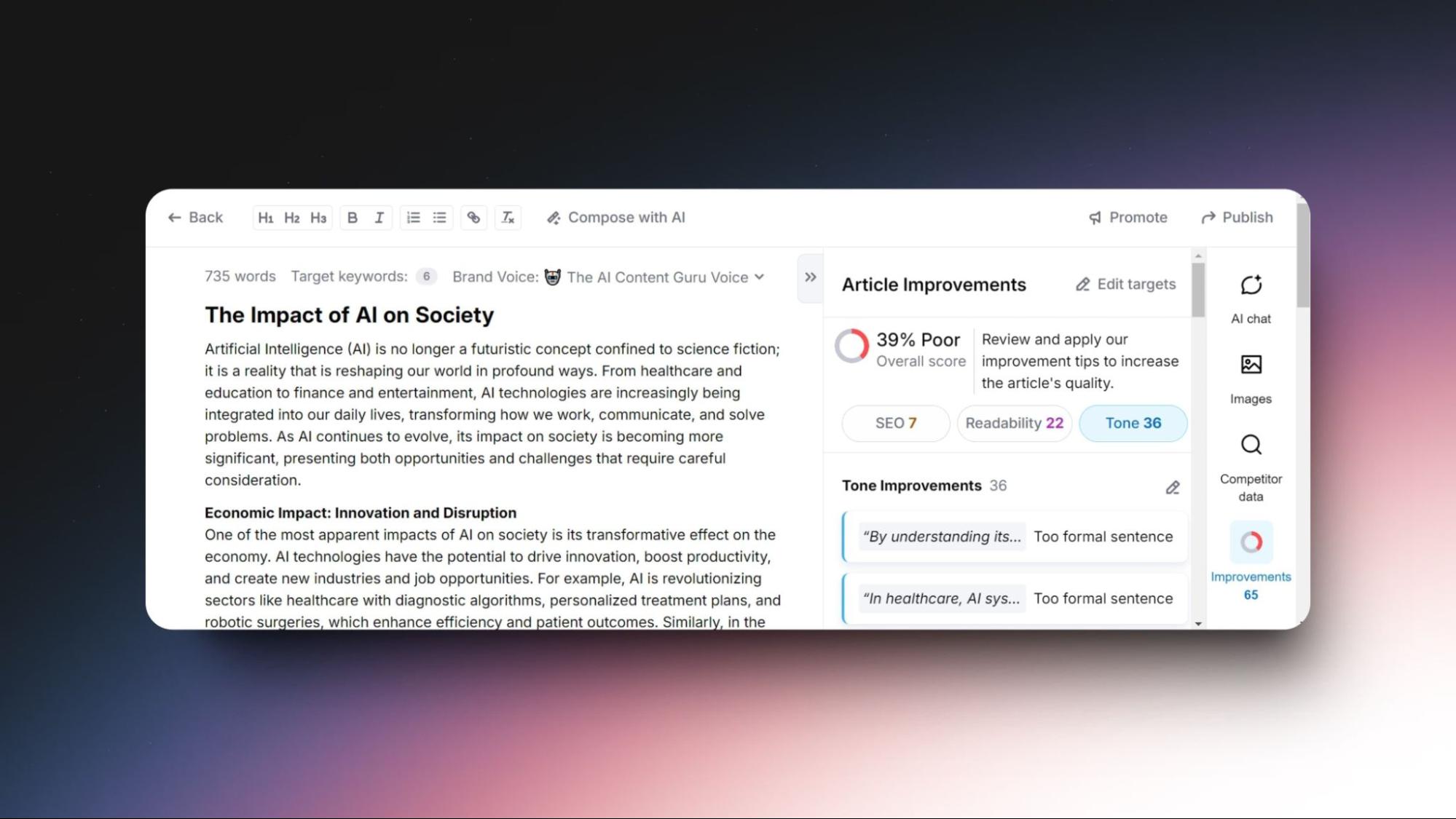 Screenshot of AI content editor for an article on "The Impact of AI on Society," featuring improvement suggestions for SEO, readability, and tone.