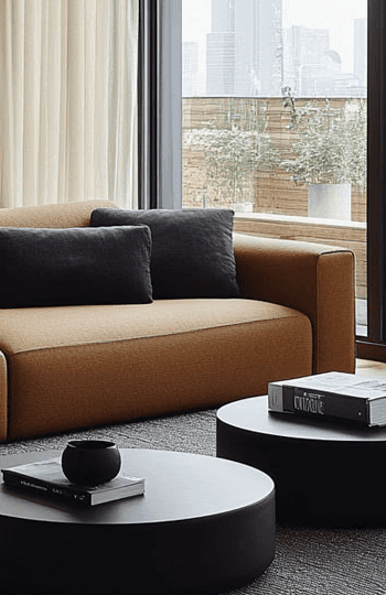 Ein modernes 3D-Wohnzimmer-Rendering zeigt ein braunes Sofa, schwarze Kissen, zwei runde schwarze Couchtische, einen grauen Teppich, große Fenster mit durchsichtigen Vorhängen, Stadtgebäude draußen und eine Topfpflanze in der Ecke.