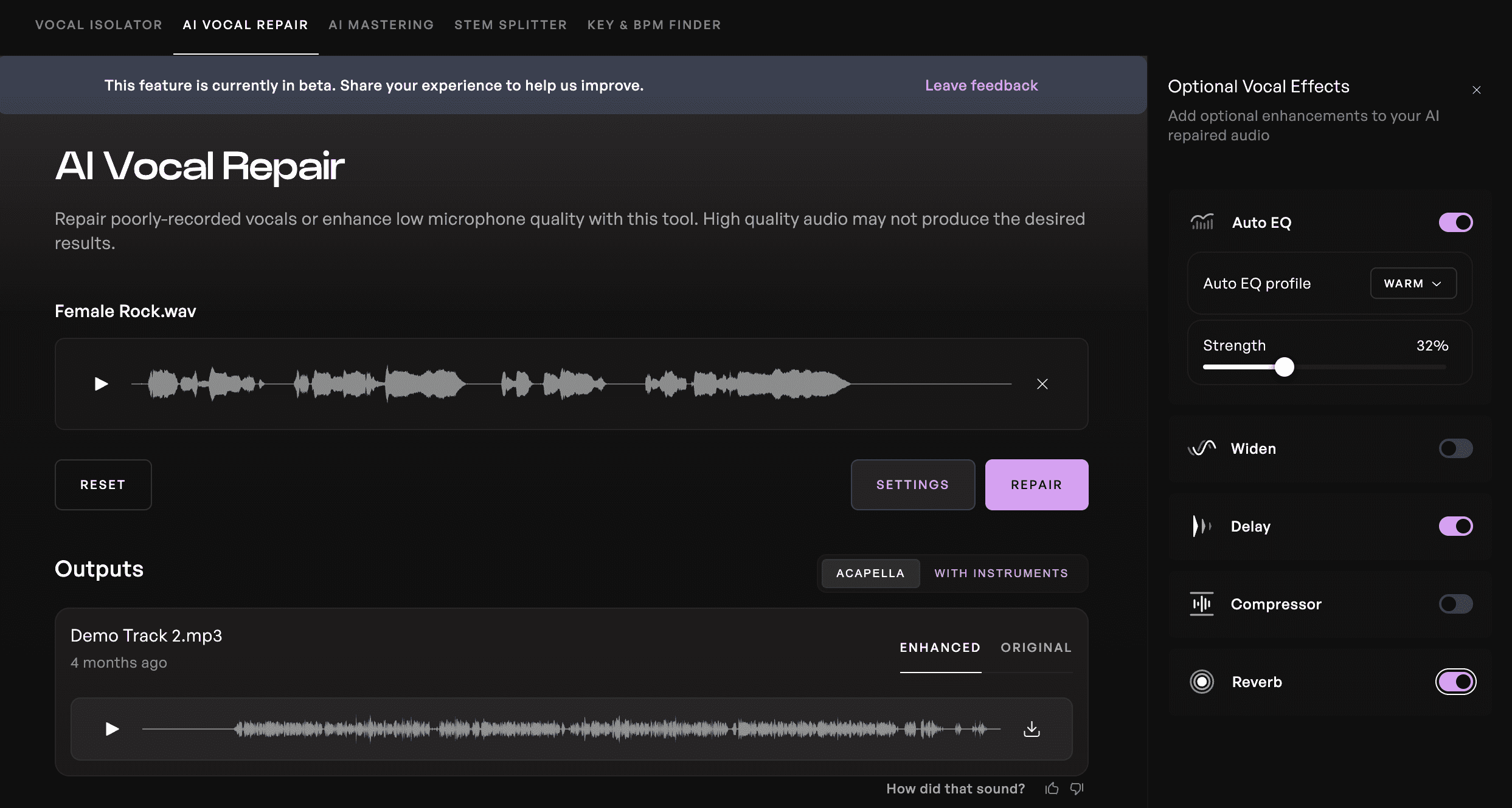 Adjusting optional vocal effects like Auto EQ, Widen, Delay, and Compression in Kits AI Vocal Repair settings