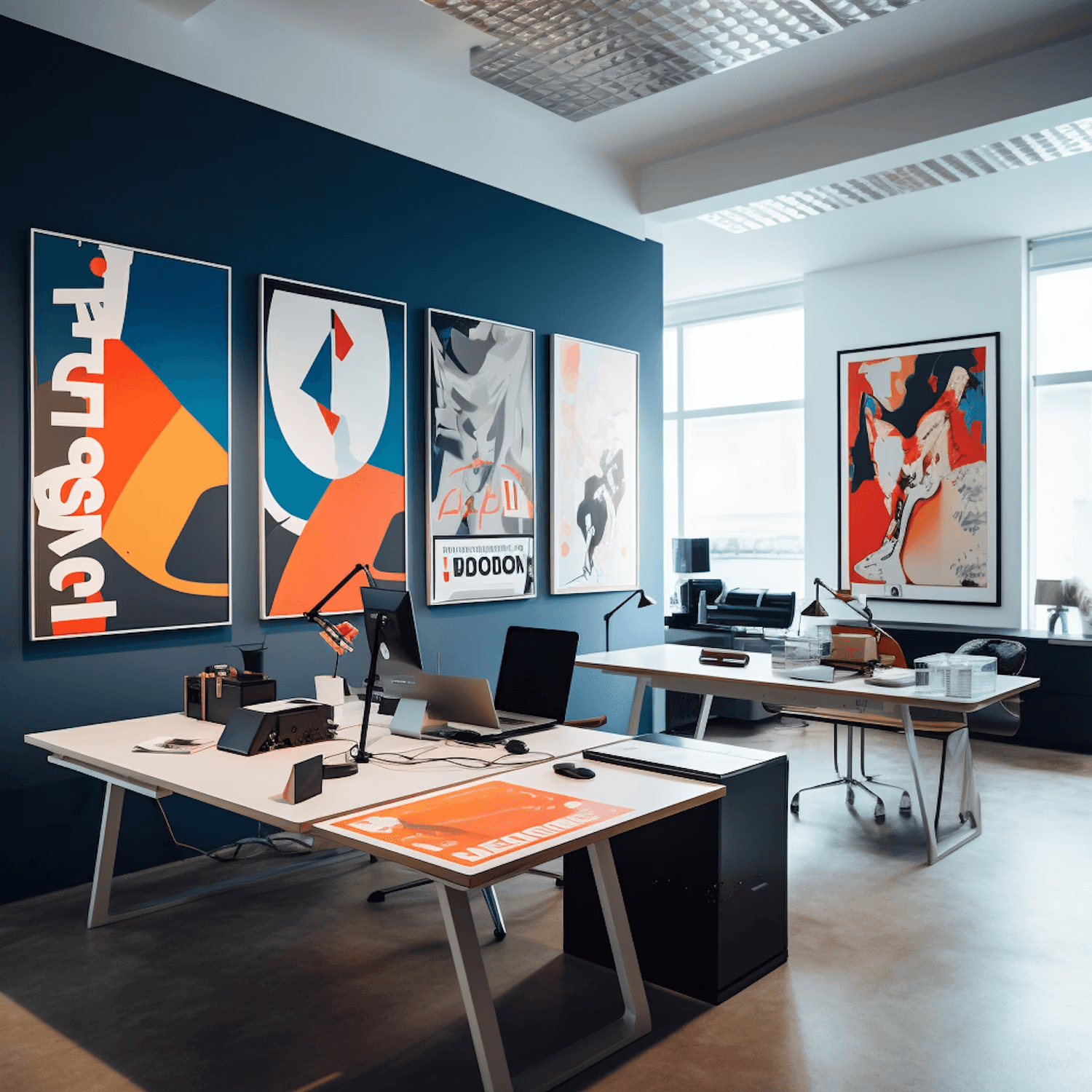 Modern office space with abstract art, dark blue walls, and desks.