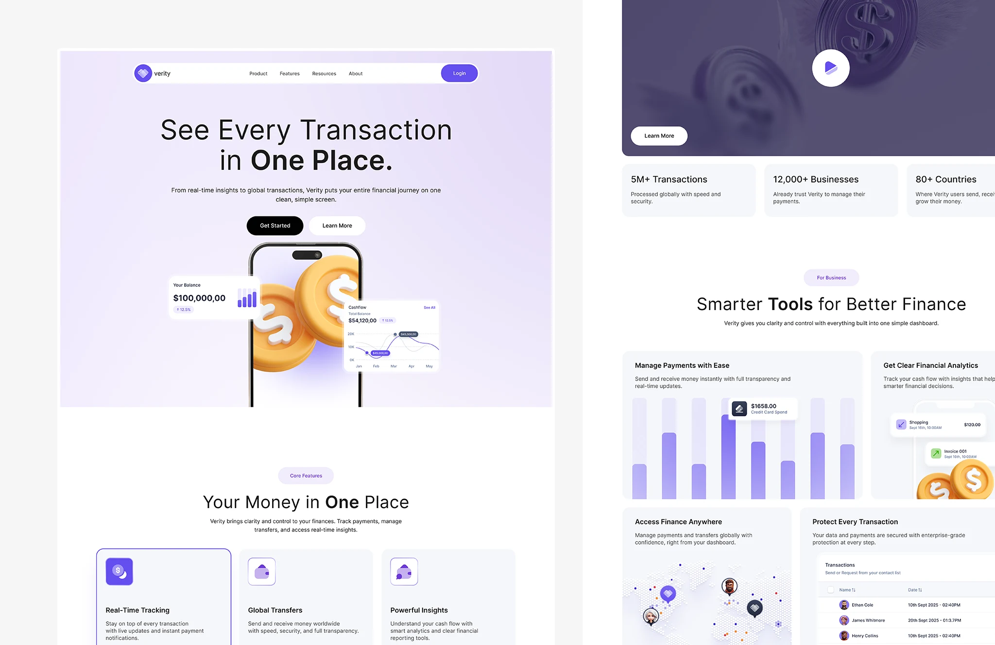 Fintech SaaS website hero design showing financial dashboard, transaction tracking, and modern web UI