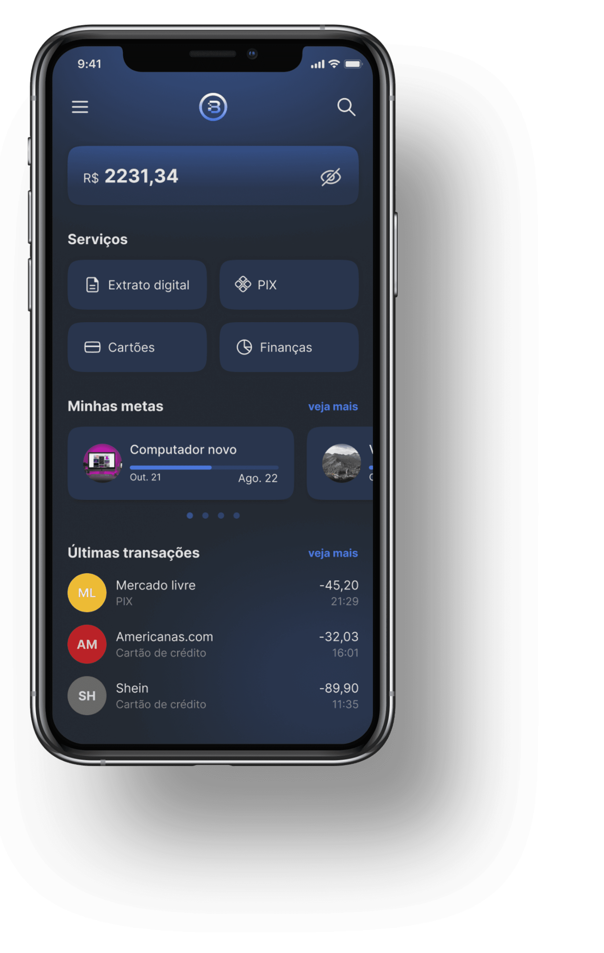 Interface principal do aplicativo, mostrando atalhos para funcionalidades, metas e últimas transações
