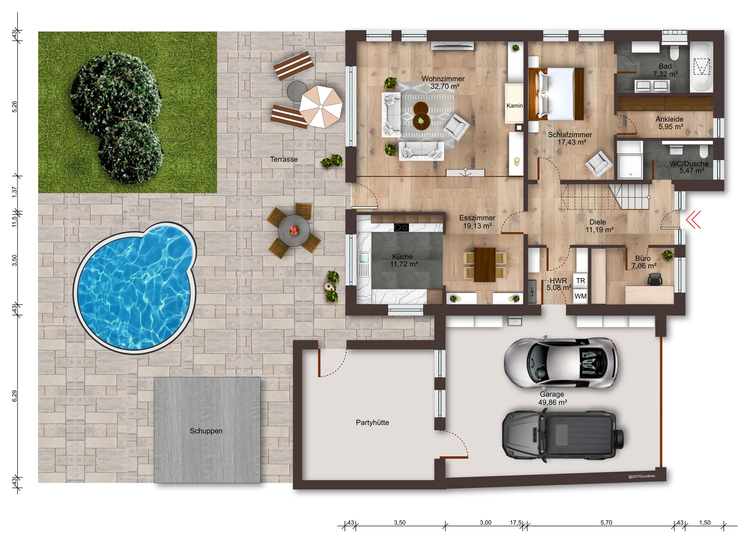 isualisierter Grundriss des Erdgeschosses mit offenem Wohn-Essbereich, Küche, Badezimmer, Garage und Terrasse mit Pool