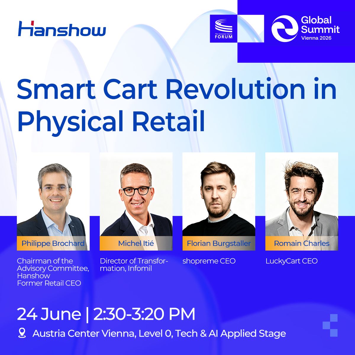 shopreme self-checkout on stage at cgf global summit 2026 smart shopping carts with hanshow, lucky cart, and infomil