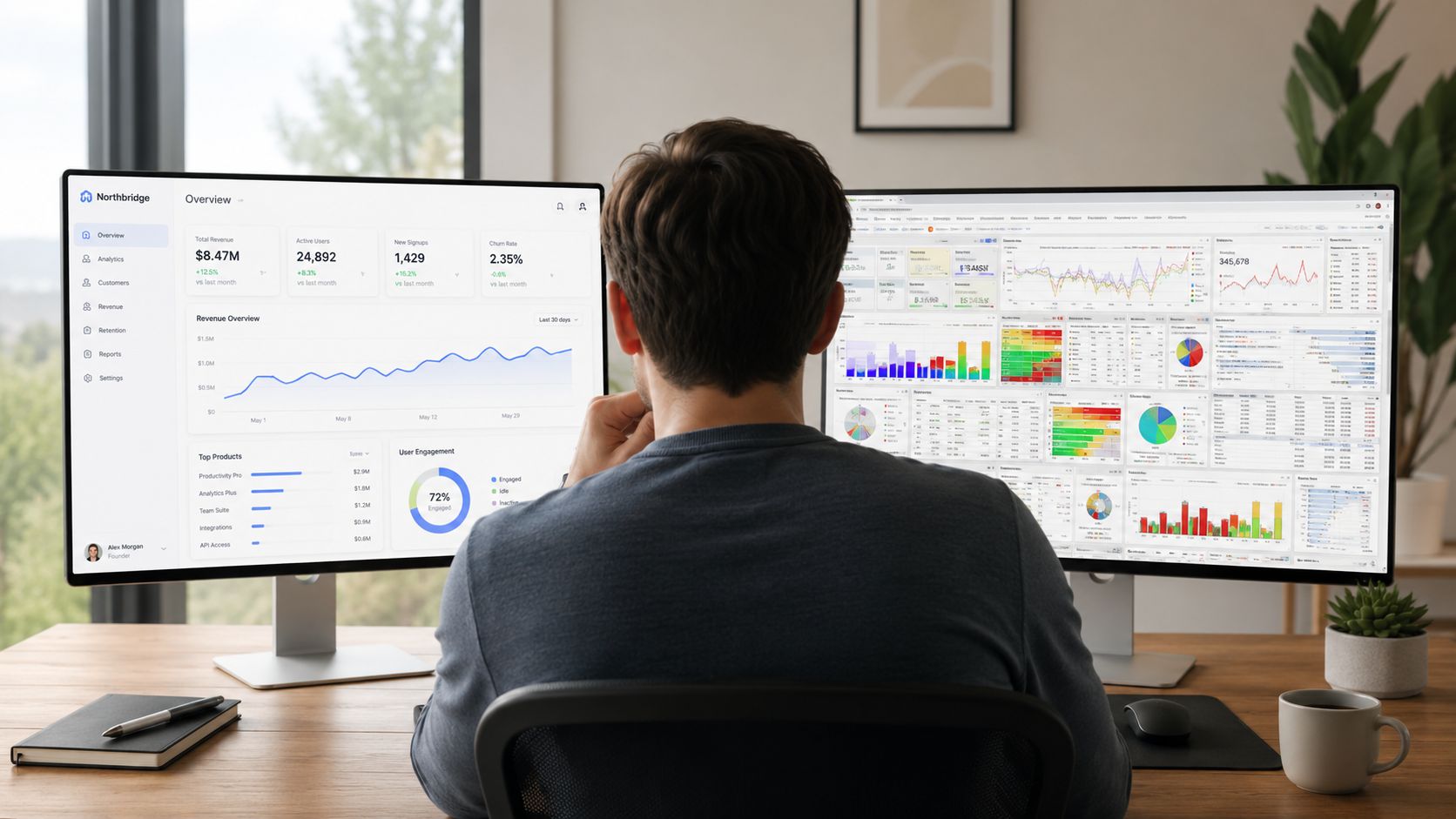 A professional analyzing complex data dashboards on dual monitors while sitting at a clean wooden desk workspace.