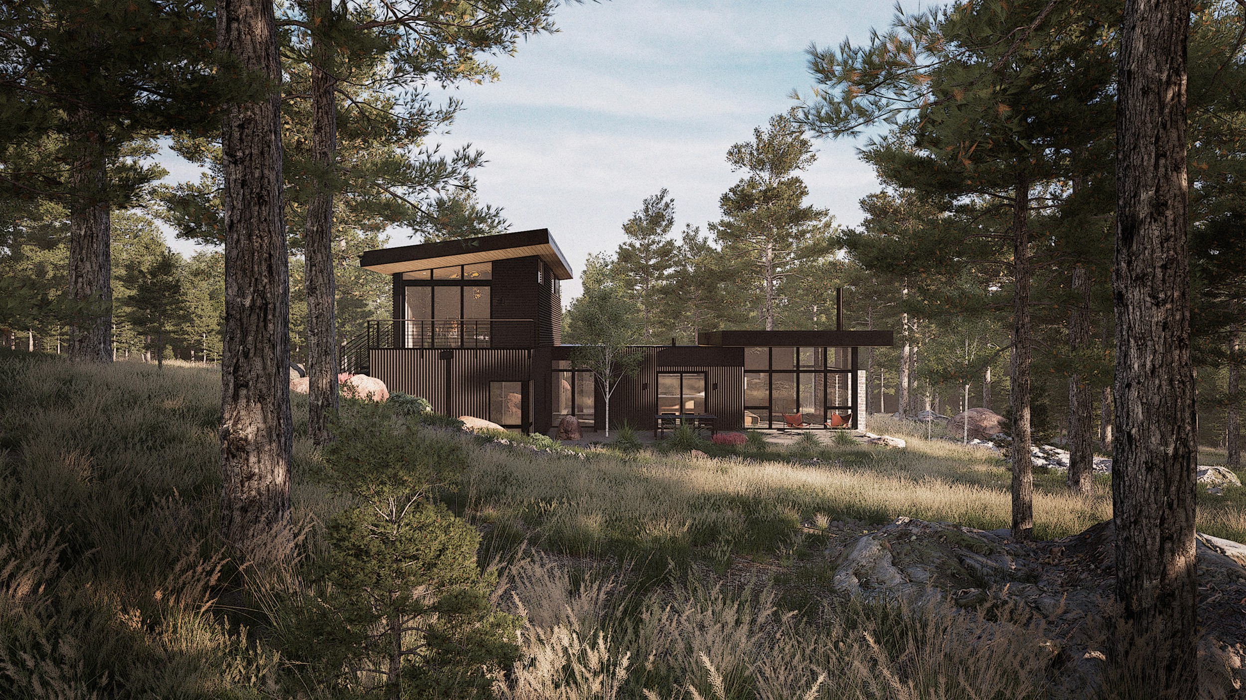 Straight on exterior view of the whole home from the west showing the upper level sloped roof form over the primary suite and the linear single level flat roof extending to the right.