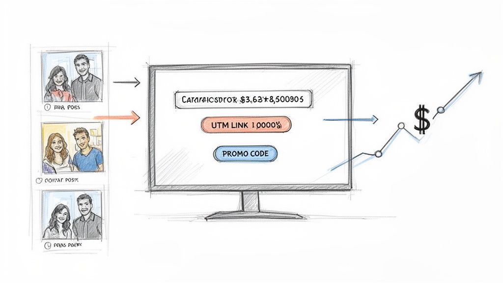 Diagram showing how influencer posts connect to a monitor displaying campaign links and promo codes, leading to increased revenue.