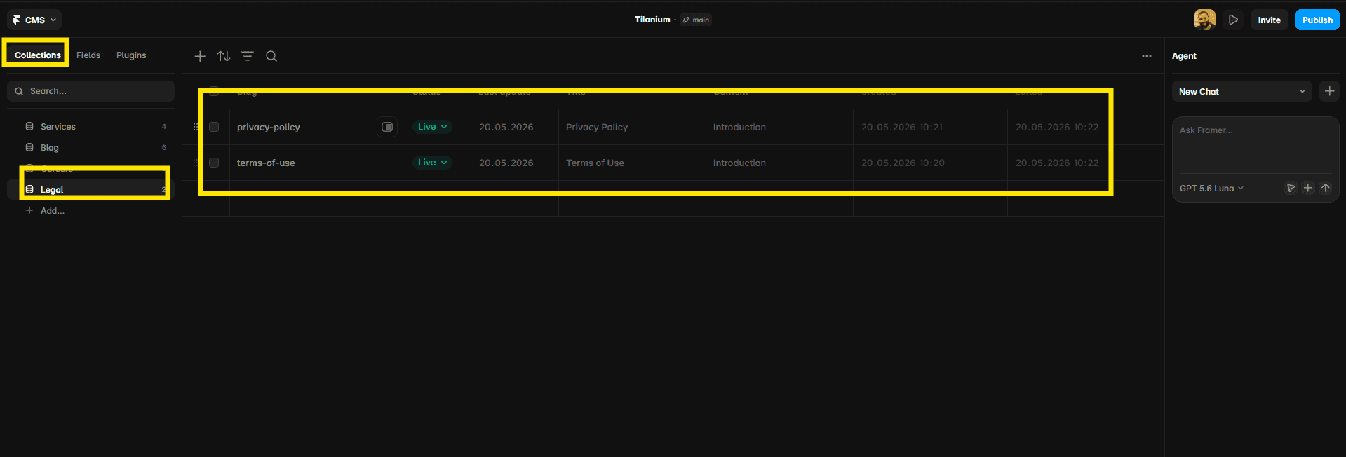 Editing Tilanium legal pages through the Legal CMS collection