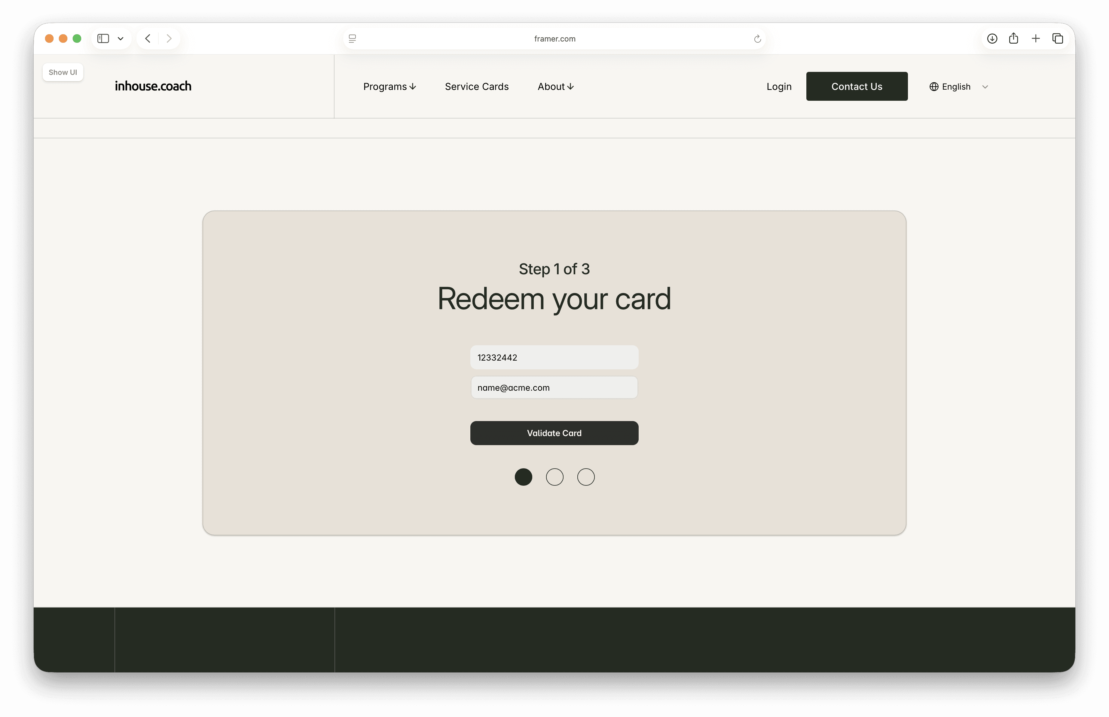 inhouse.coach website redemption page for service cards - screenshot