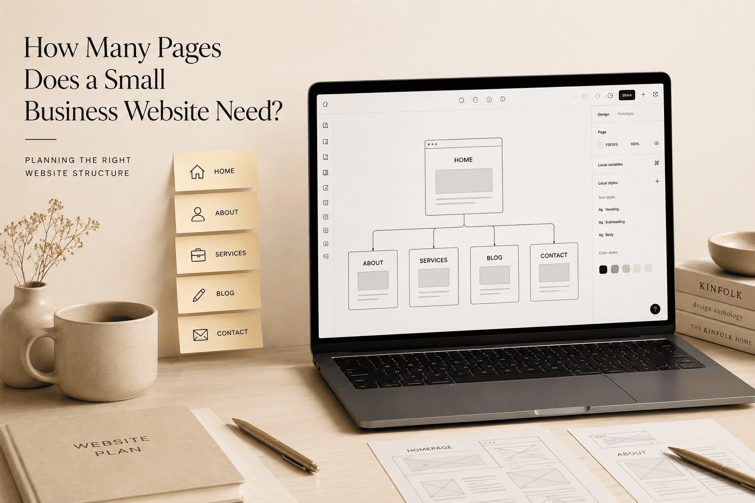 How many pages does a small business website need visual showing website structure planning with homepage, services, blog and contact pages