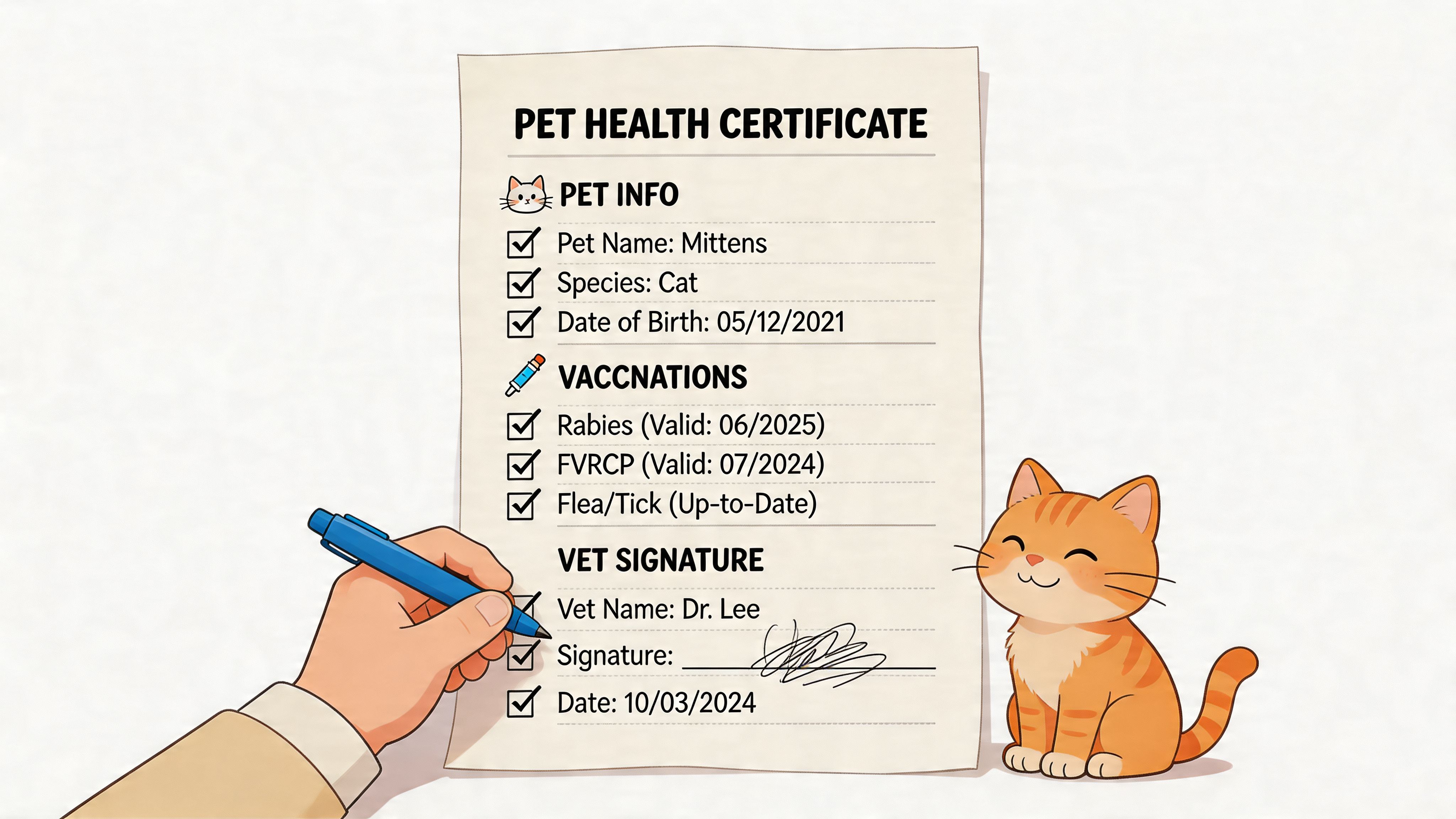 A hand holding a blue pen signs a pet health certificate for a ginger cat named Mittens.