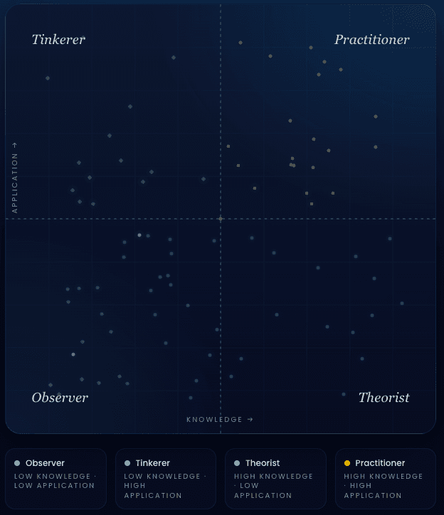 Four-quadrant scatter plot mapping knowledge versus application across Observer, Tinkerer, Theorist, and Practitioner archetypes.