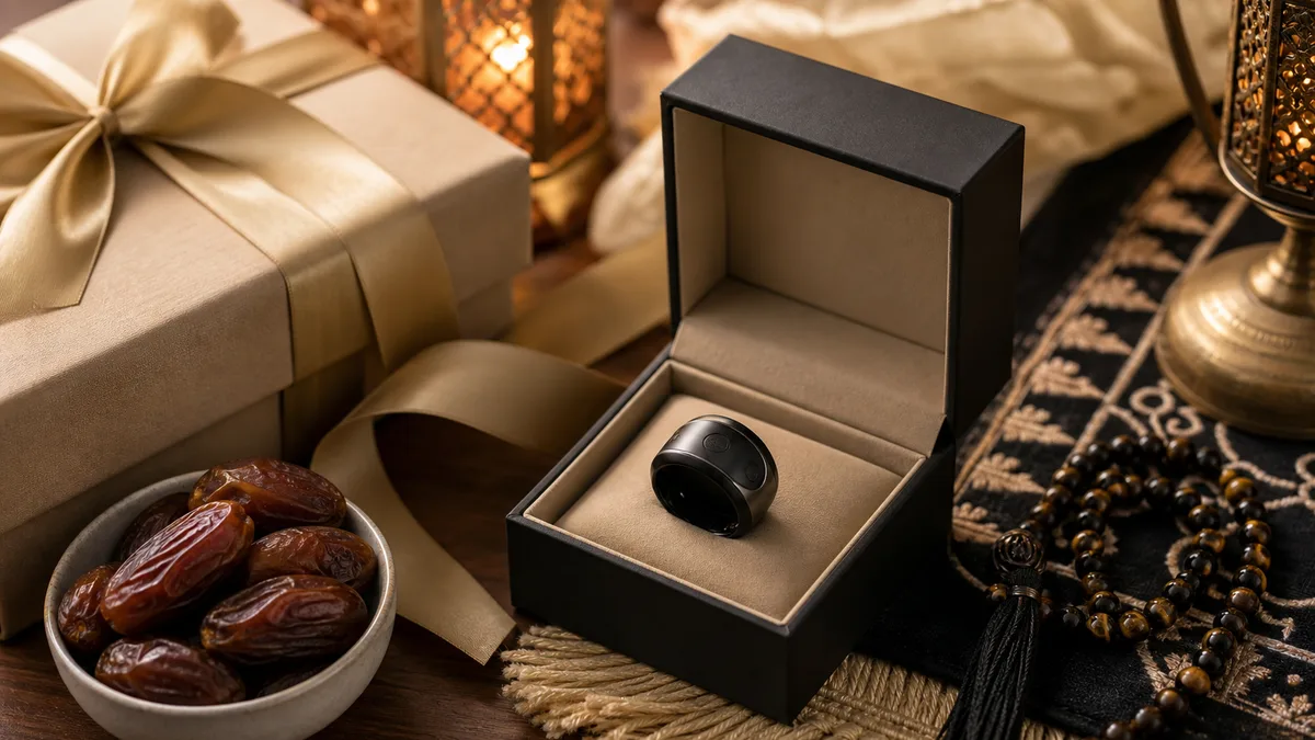 Smart tasbih ring gift set with misbaha beads and dates for Ramadan or Eid