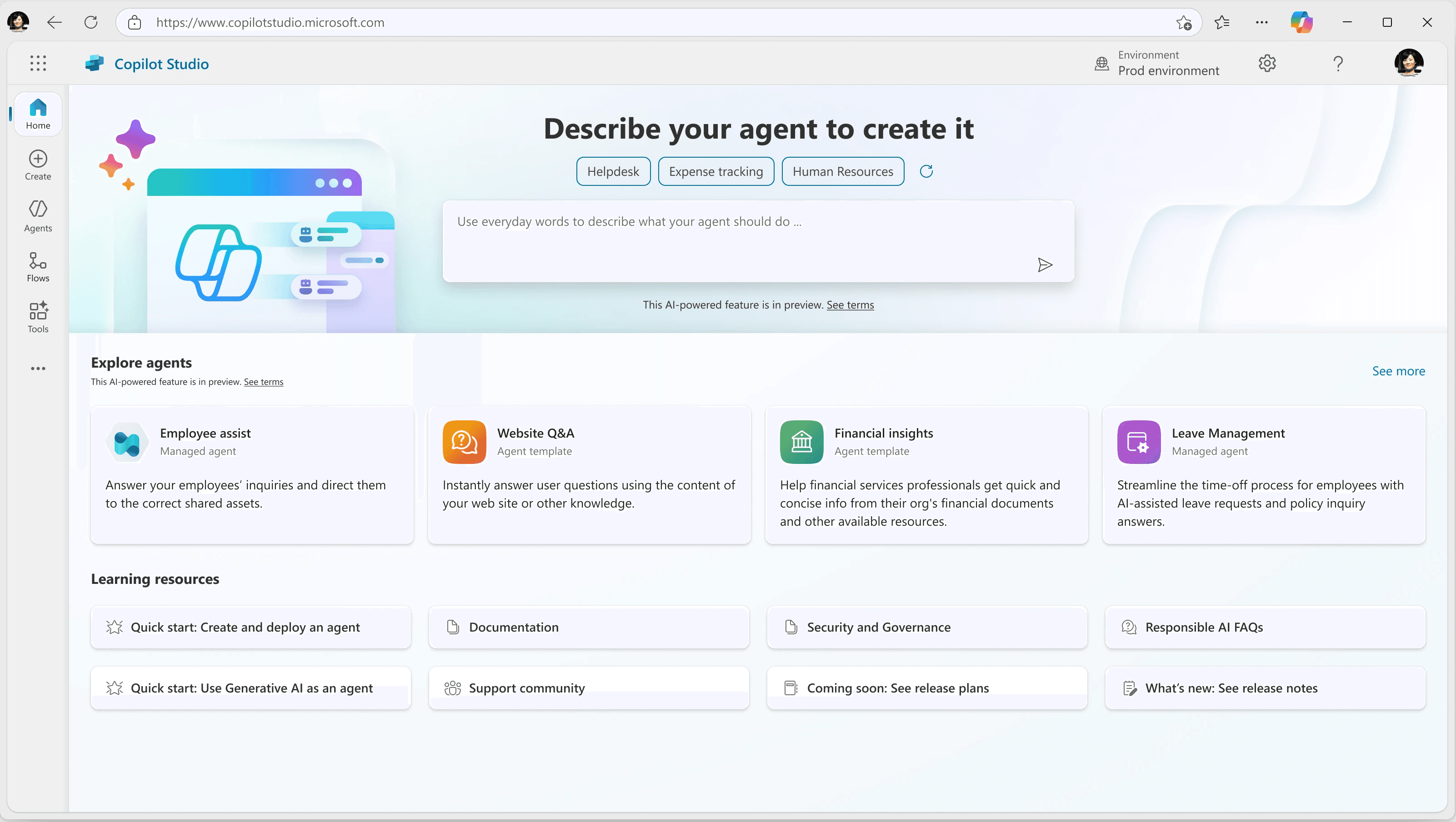Home screen of microsoft copilot studio