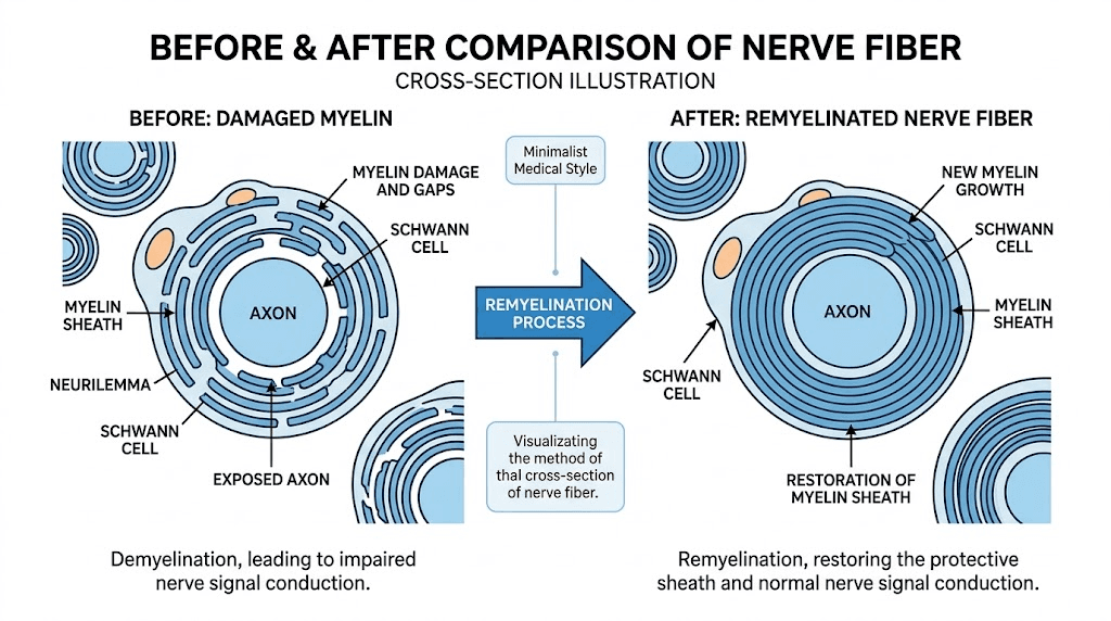 Remyelination process showing how GLP-1 agonists may help repair myelin damage in multiple sclerosis