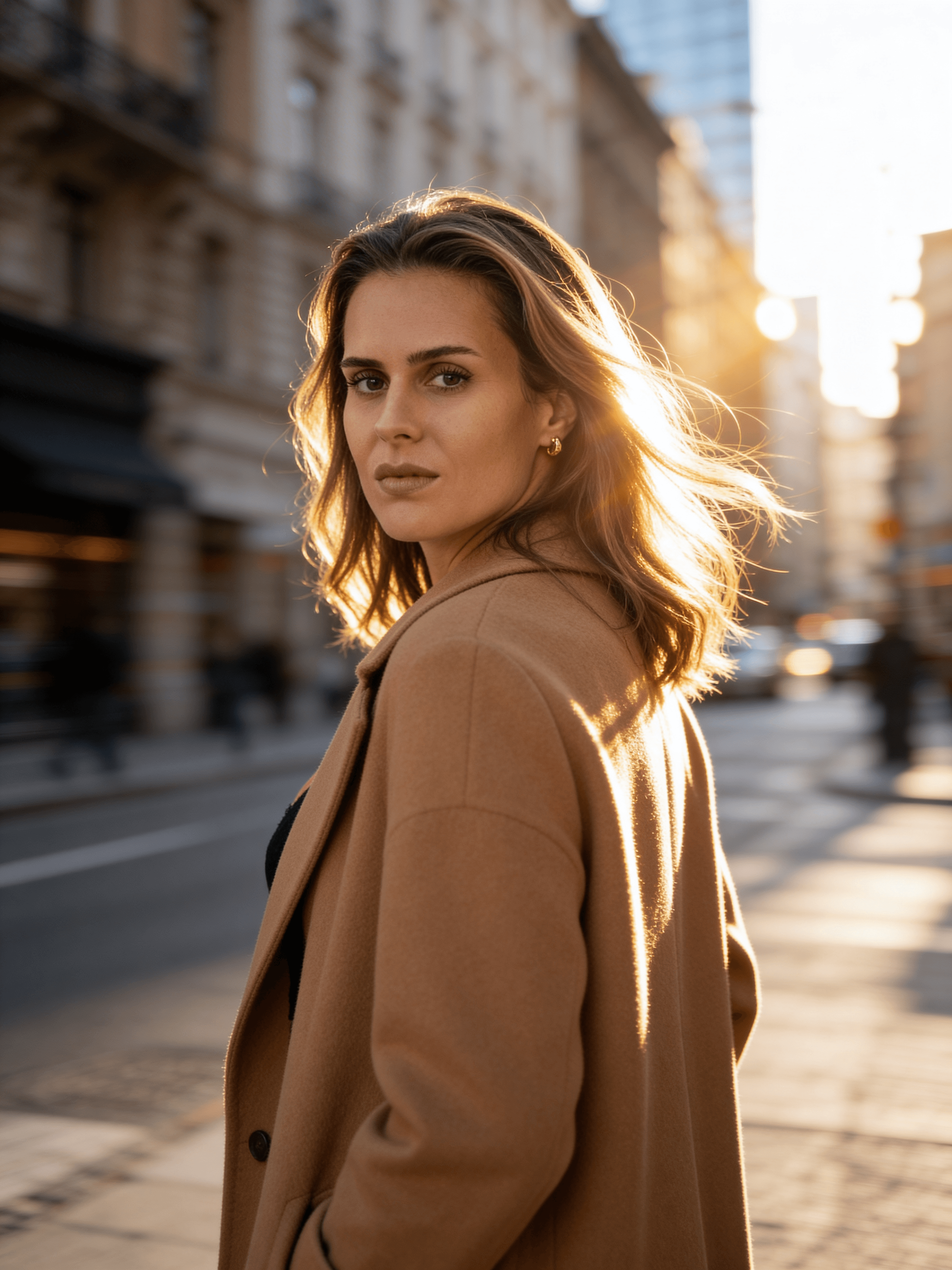 Weibliches KI-Model – Digitaler Zwilling von Trickhouse, camelbrauner Wollmantel, goldene Ohrringe, Blick über die Schulter, urbane Straßenszene, warmes Gegenlicht, KI-Model-Agentur Düsseldorf.