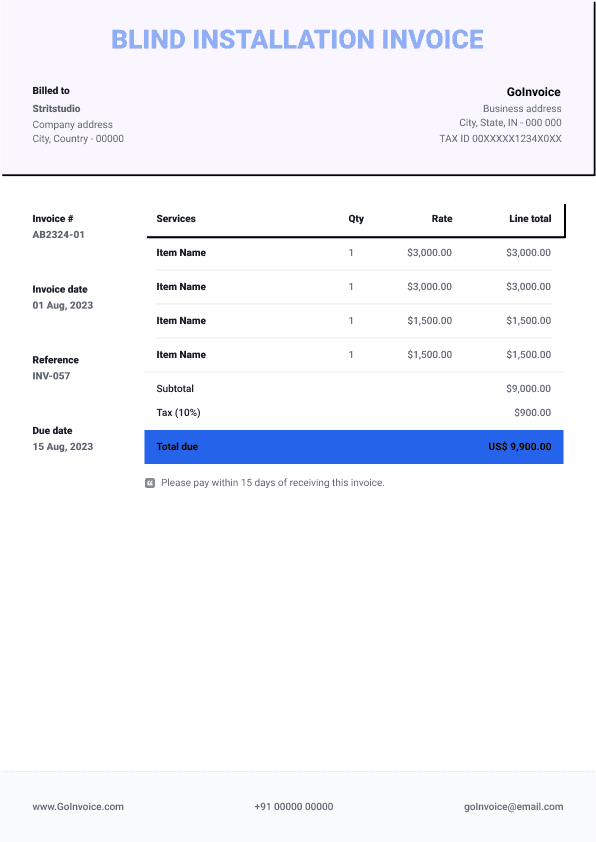 Blind Installation Invoice