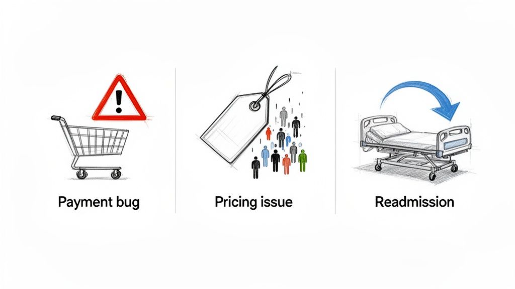 Illustrations show a payment bug with a shopping cart, a pricing issue, and hospital readmission.