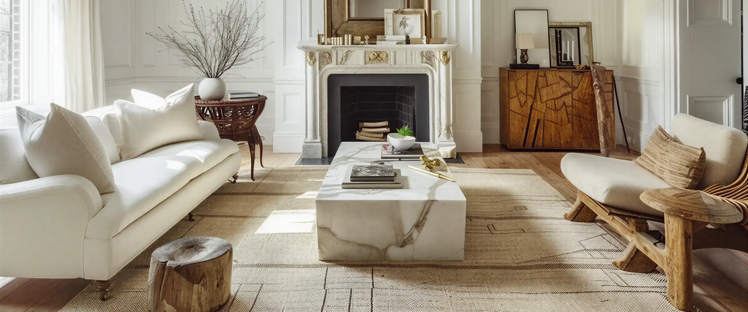 Modern living area with large windows and minimalist furniture