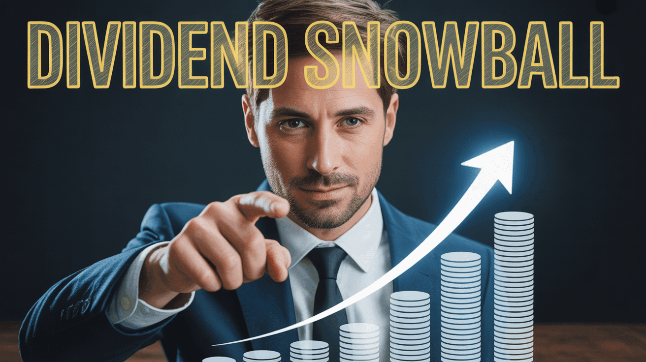 Dividend Snowball Wealth Thumbnail Template featuring confident investor in tailored suit pointing at rising dividend chart hologram with stacked c...