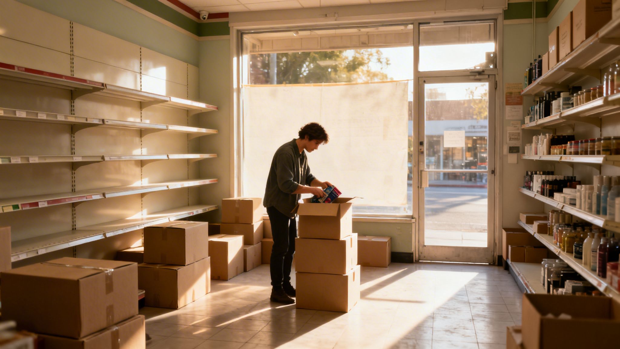 Ung man packar ner produkter i kartonger i en affär med många tomma hyllor, solljus strömmar in.