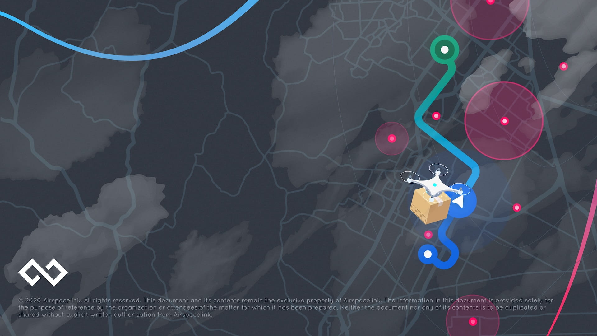 Closing slide for Airspace Link pitch deck featuring company logo on dark topographic map background with illustrated delivery drone navigating optimized flight path around pink restricted airspace zones, 2020 copyright notice and confidentiality statement