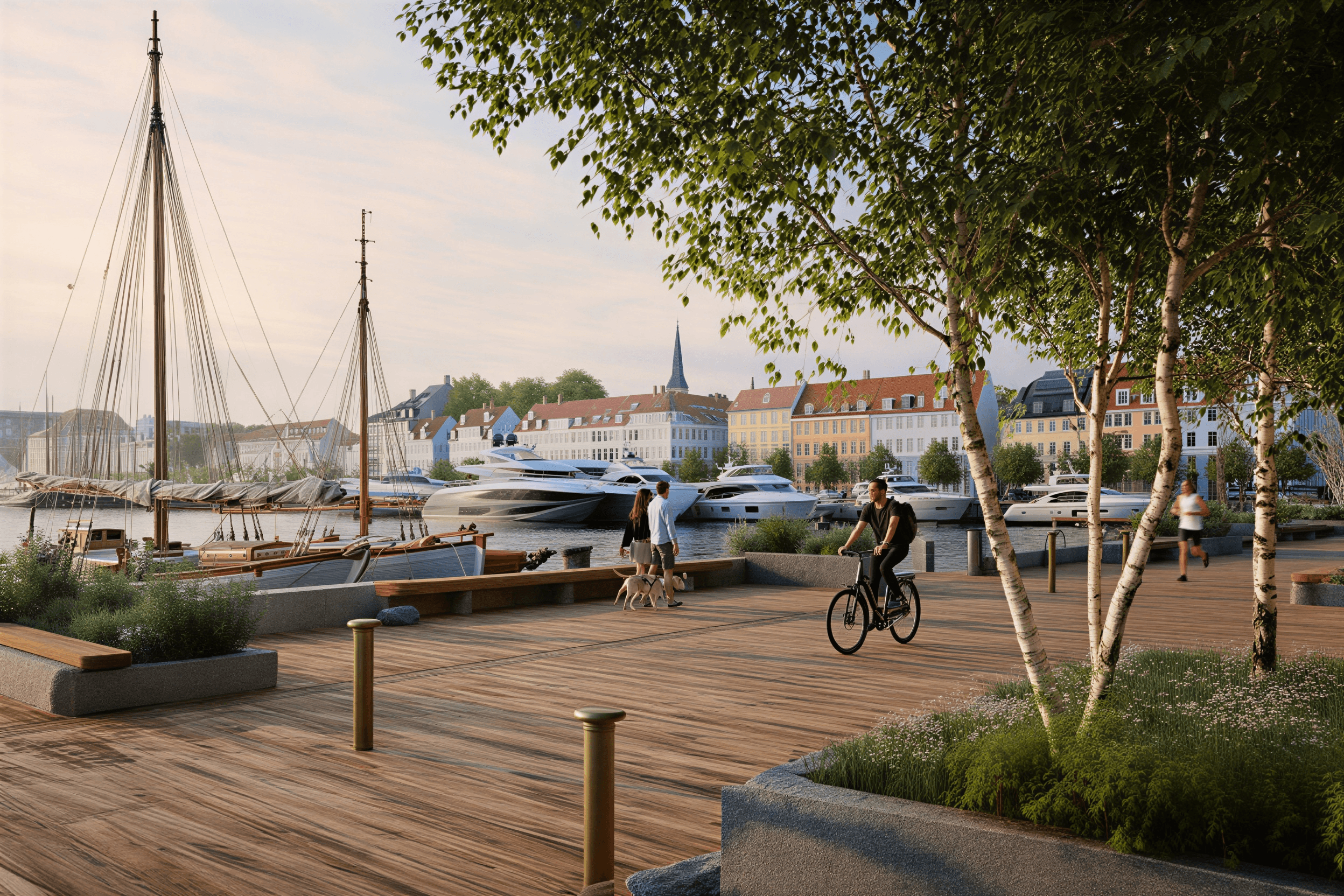 Outdoor waterfront plaza with landscaping and public seating