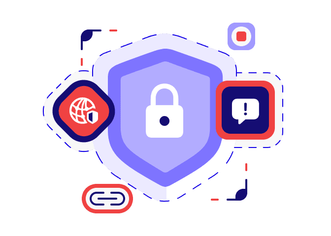 Illustration showing a shield with a lock icon and a composition of icons representing Security Solutions.